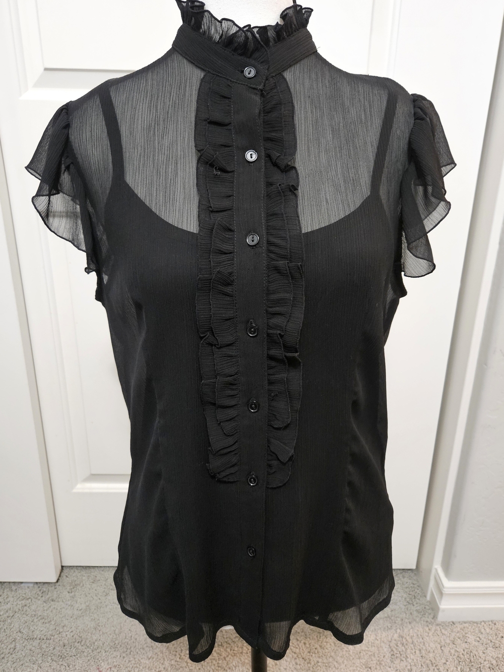 I.N. San Francisco Black Ruffle-Sheen Sheer Yoke Blouse